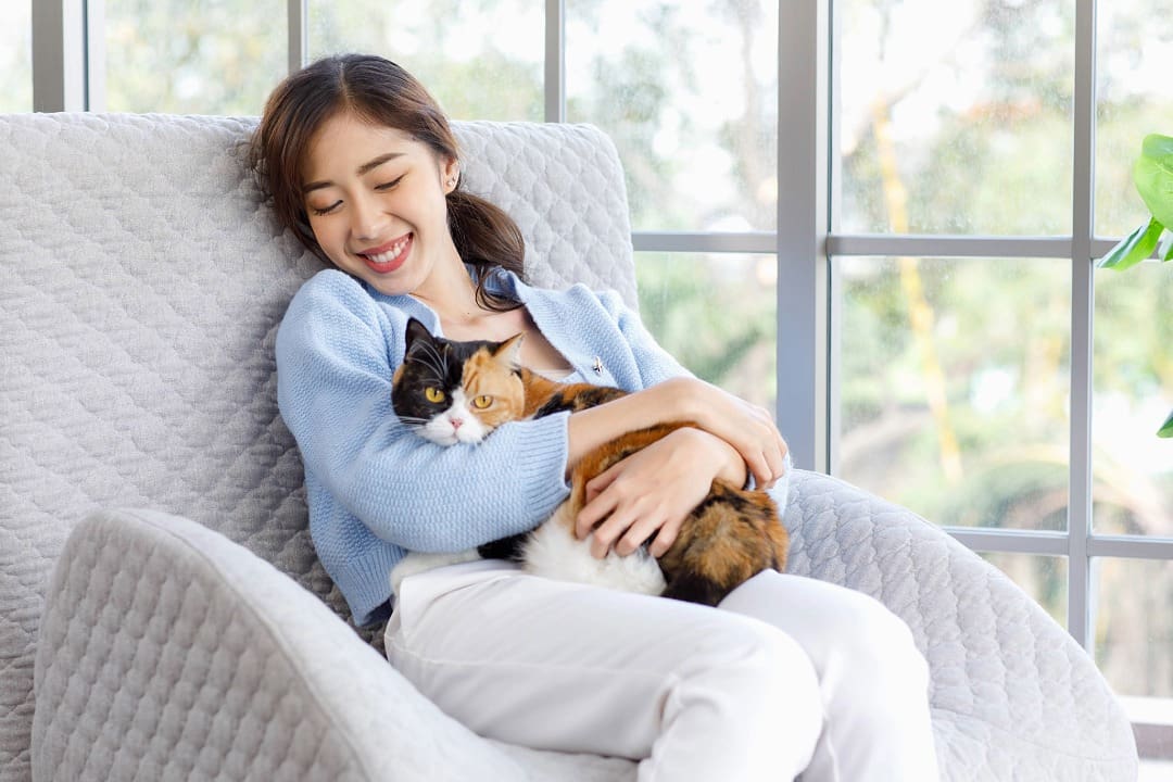 Female with dark hair pulled back siting on gray chair holding a multi colored cat